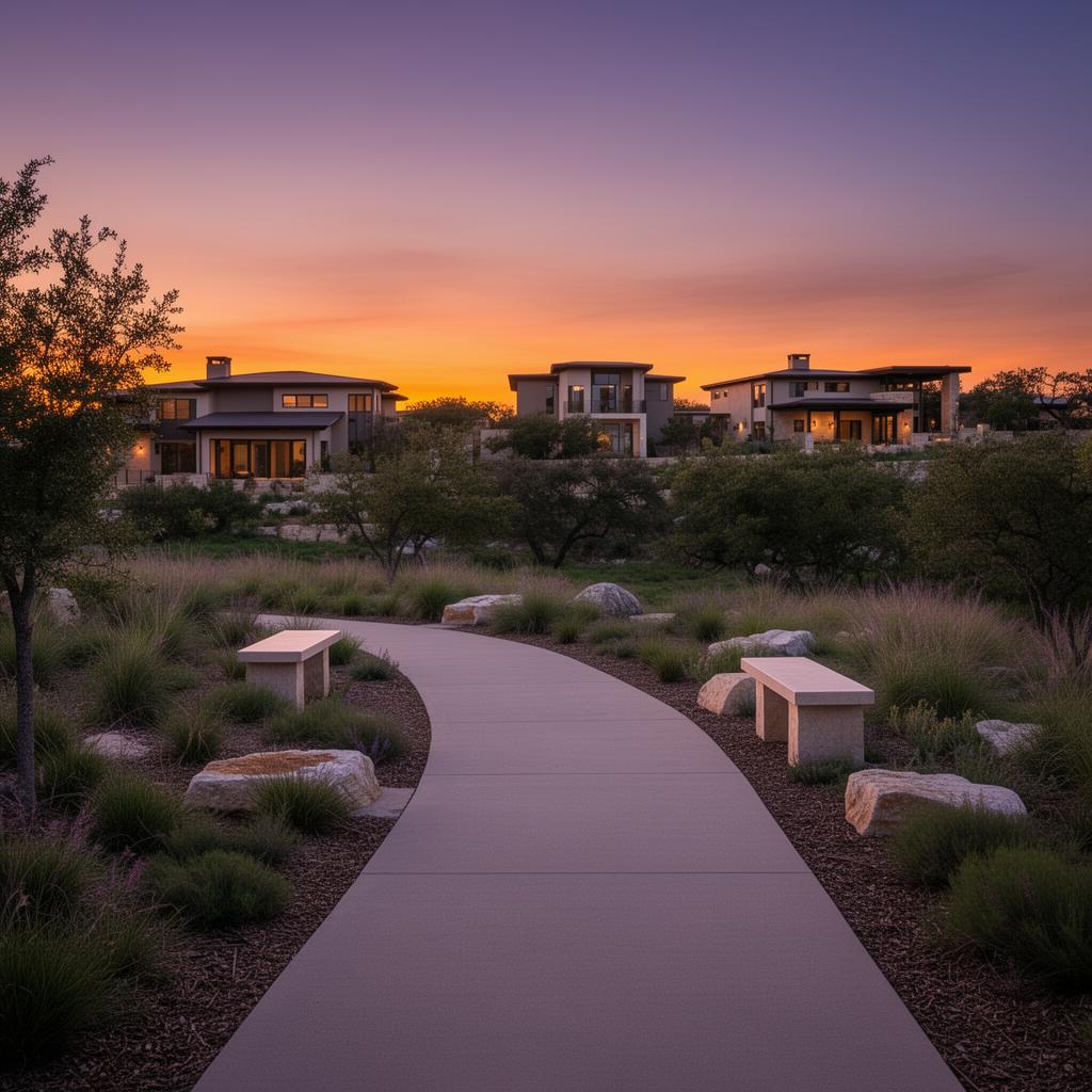 VUE community walking path with native landscaping at twilight