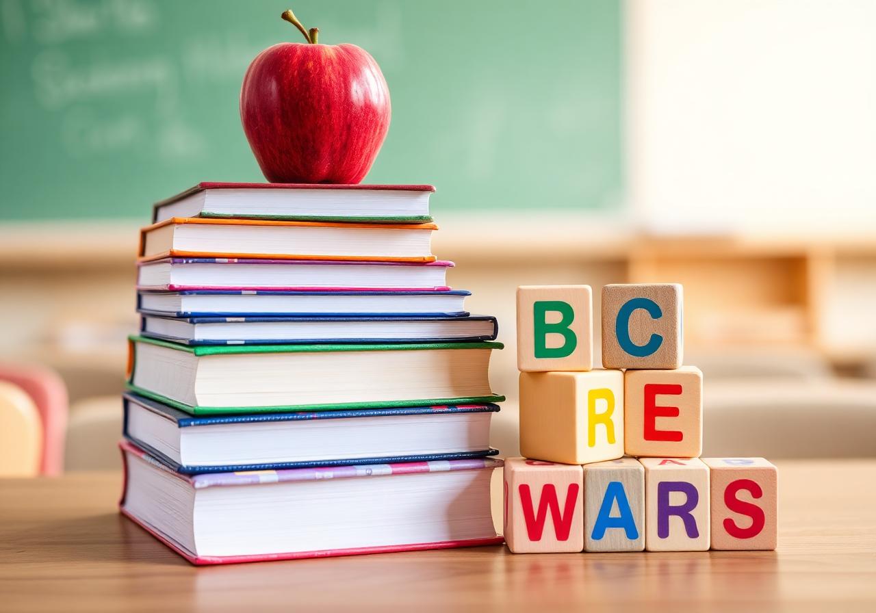 Stack of books with apple and ABC blocks