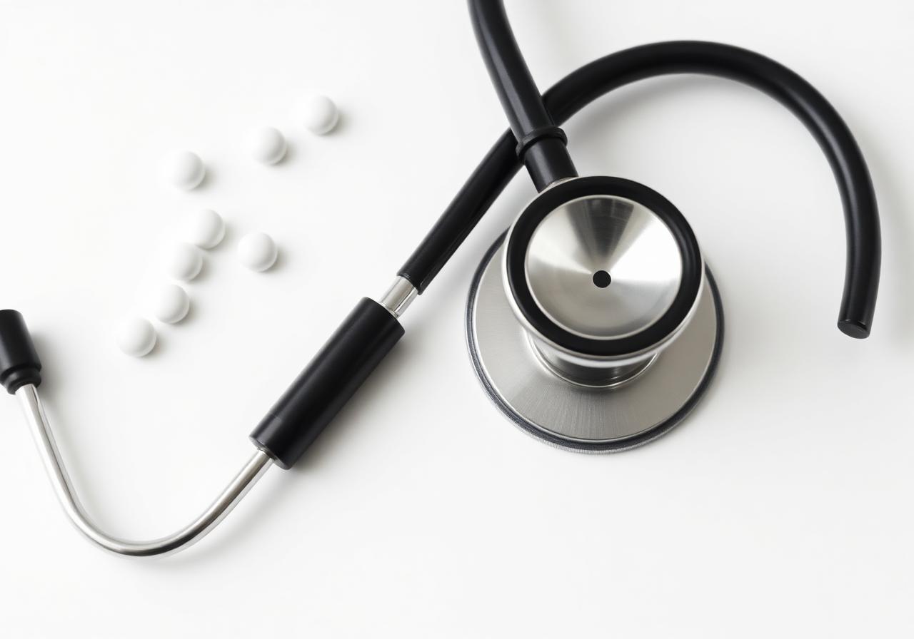 Stethoscope and pills on white background