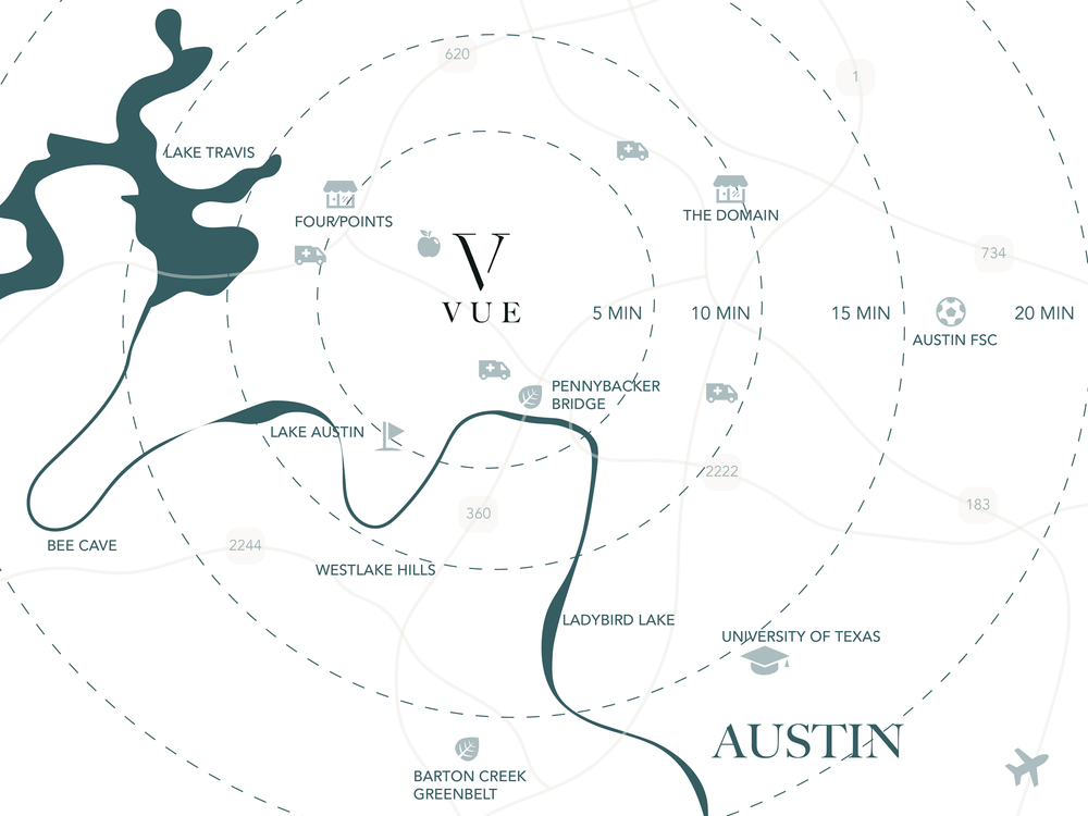 Map of West Austin showing VUE community location and drive times